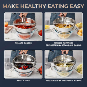 Gemfino orange stainless steel food mill with bowl setup for easy use.
