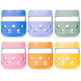 Gemice 6-pack glass jars with silicone sleeve and grip holes for secure handling.