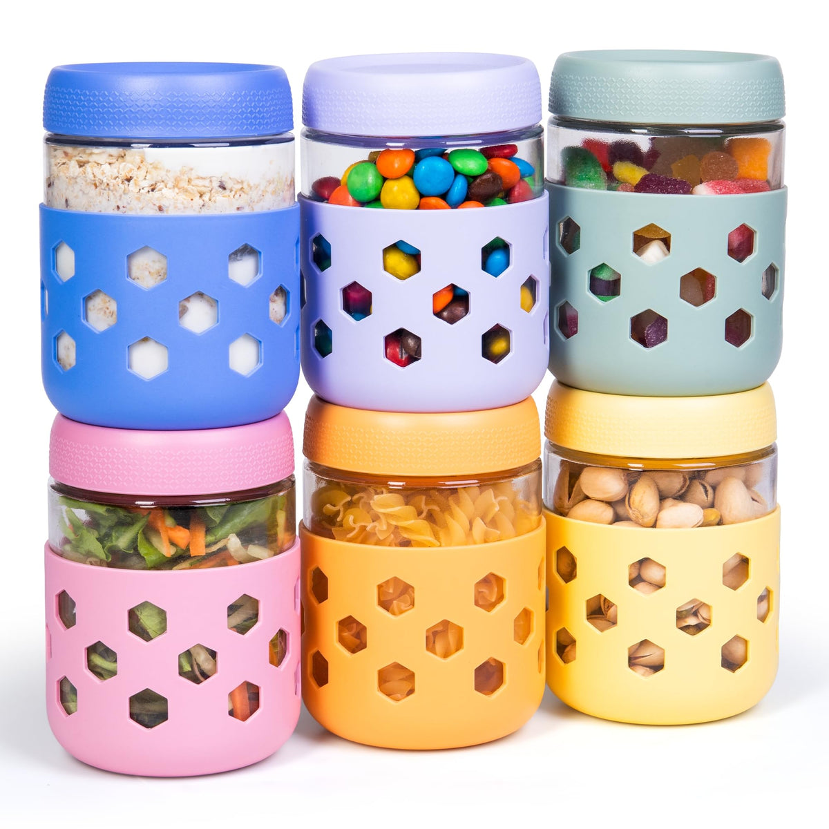 Gemice 16 oz overnight oats jar with silicone sleeve for secure grip during meal prep.