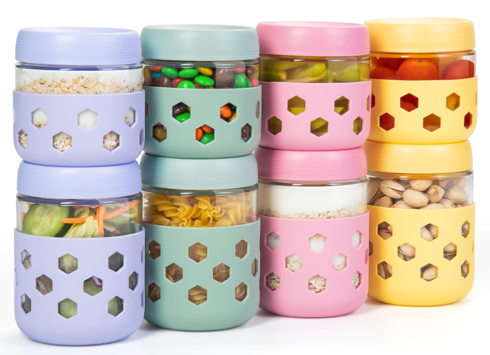 Gemice 8-pack glass overnight oats jar with silicone sleeves for drop protection and grip