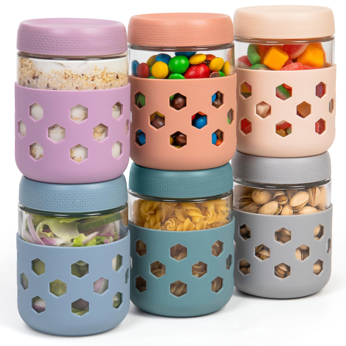 Gemice silicone-armored overnight oats jars with grip and protection.