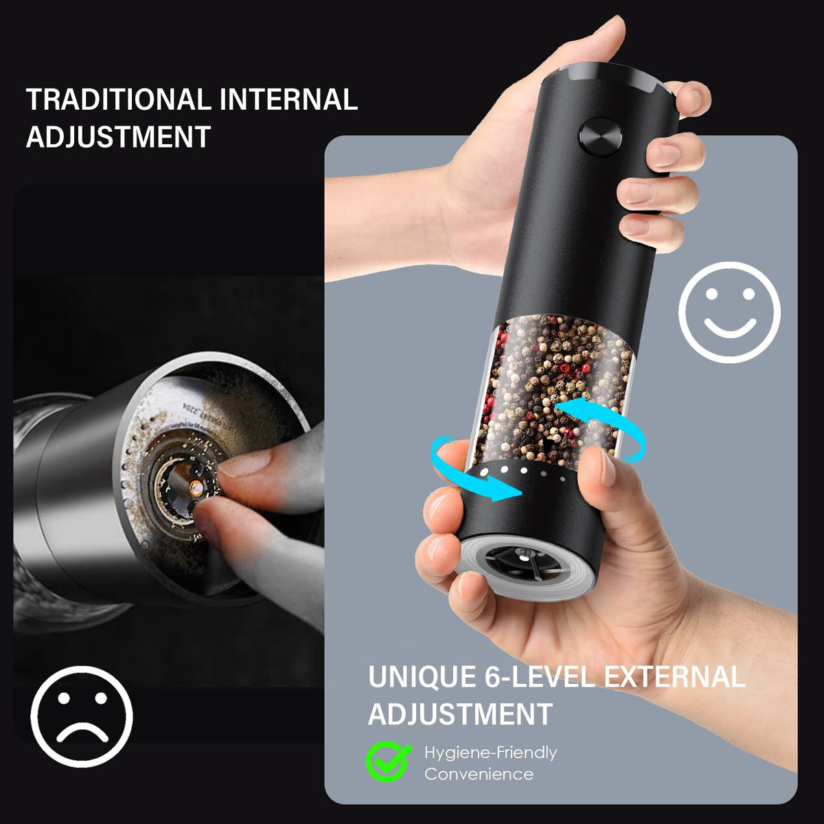 GEMII grinder shows 360-degree transparent reservoir for remaining seasoning
