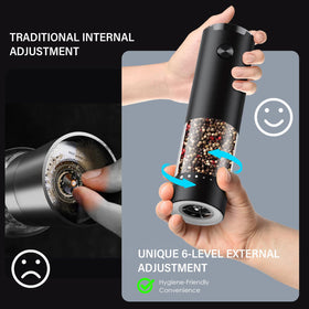 GEMII grinder shows 360-degree transparent reservoir for remaining seasoning