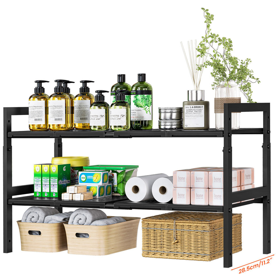 GEMWON under-sink organizer extended length shows flexible fit for varying cabinet widths