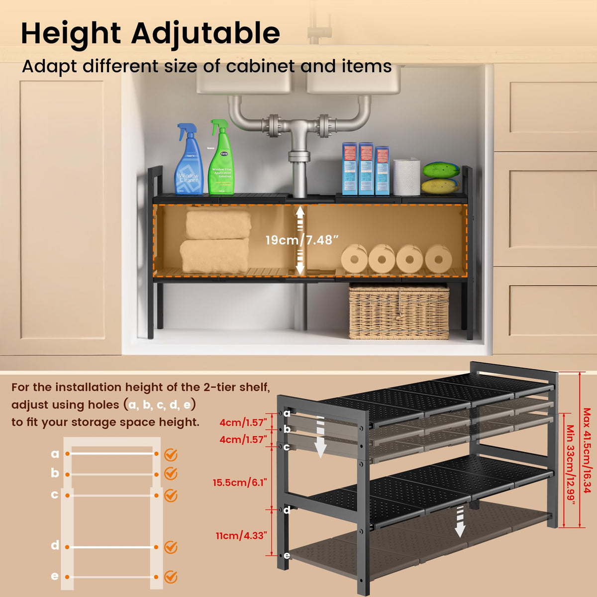 GEMWON under-sink organizer removable panels allow pipe clearance behind the sink