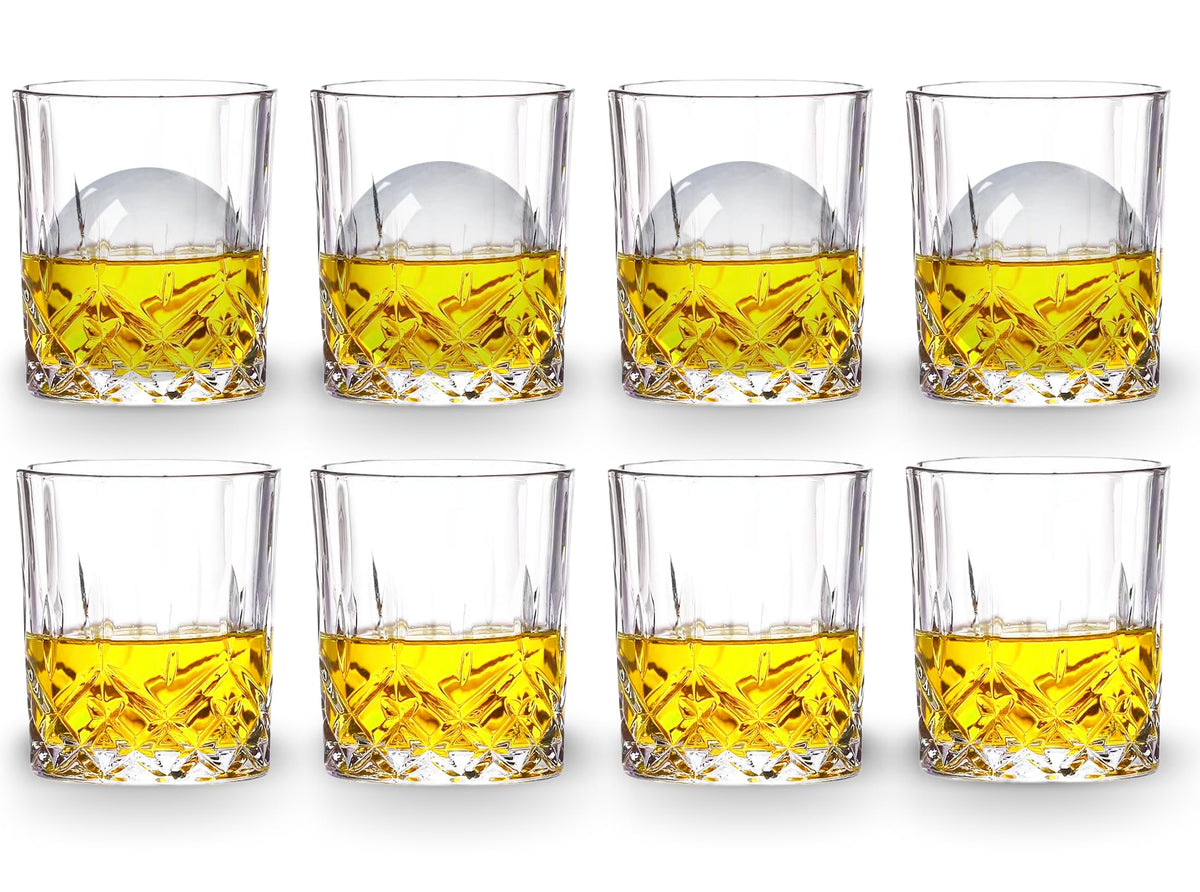 Gencywe collection display of eight glasses suitable for whisky, bourbon, scotch, and cocktails.