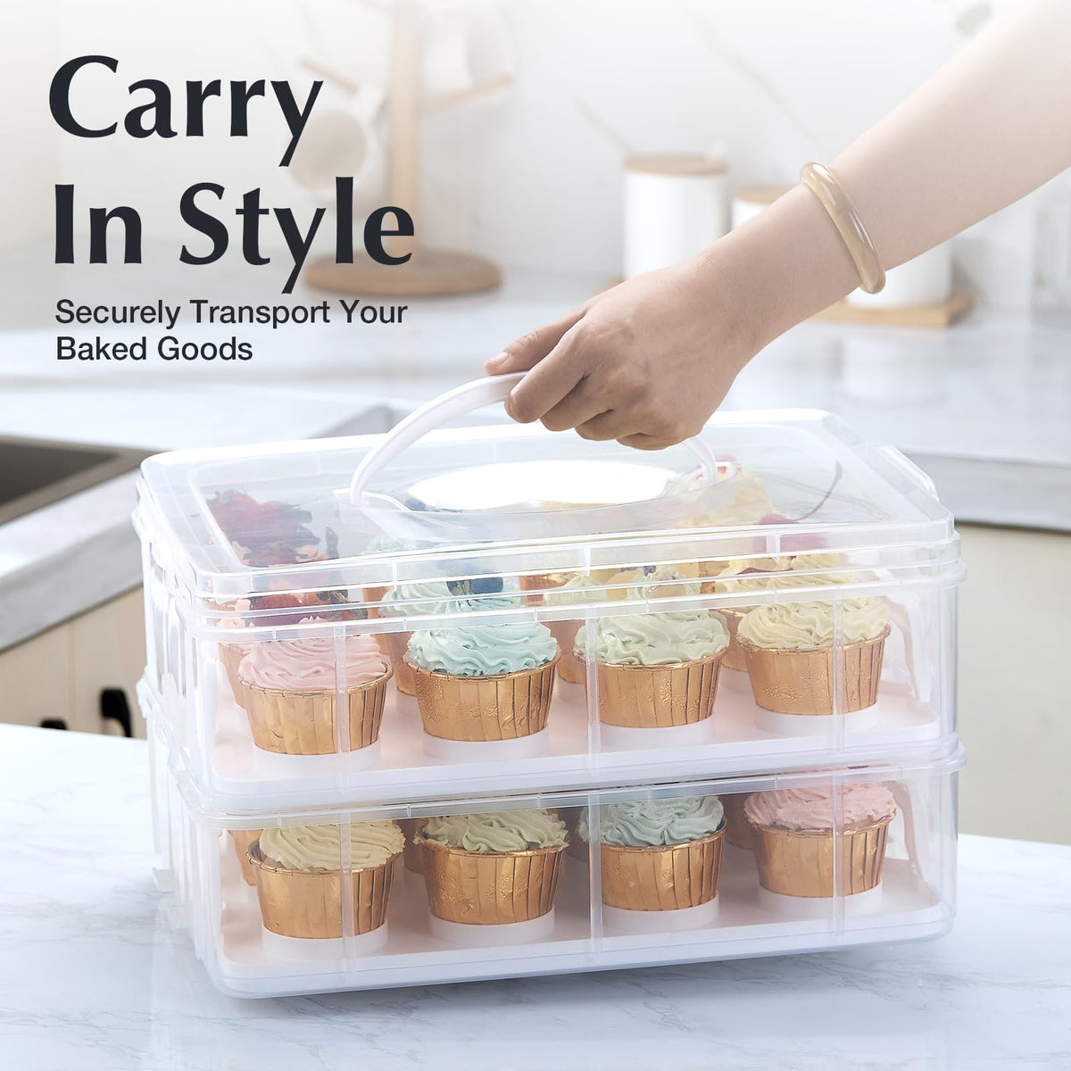 Gencywe food-safe plastic box preserves cupcakes on the move.