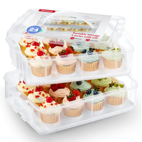 Gencywe plastic cupcake carrier with lid and handles keeps 24 cupcakes secure during transport.
