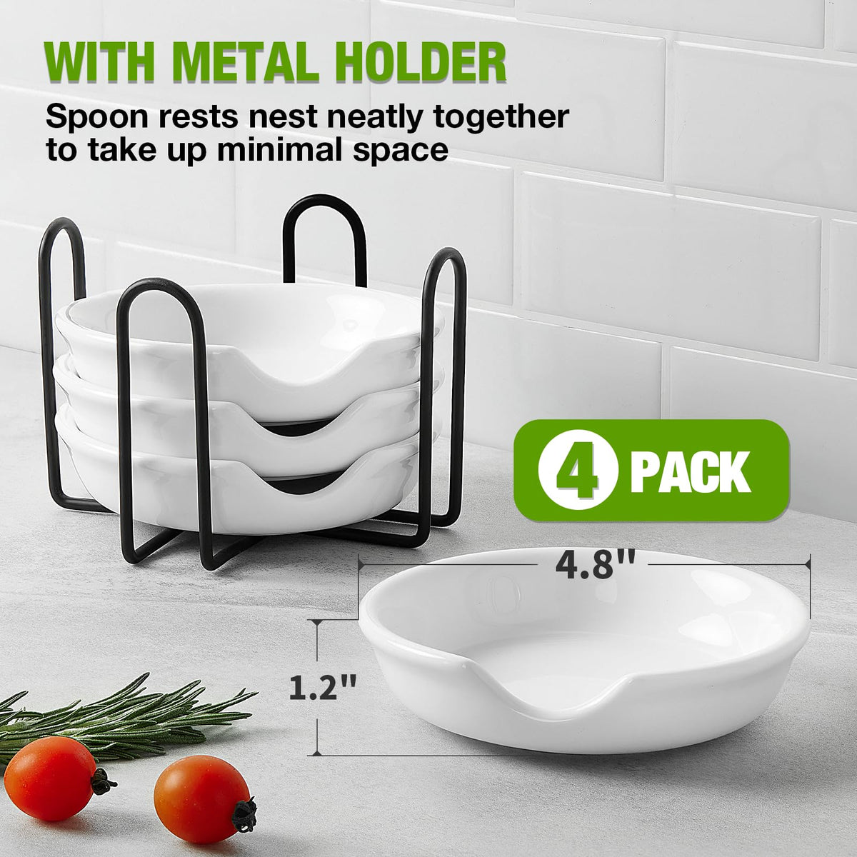 Gencywe spoon rest with metal holder keeps multiple utensils within reach while cooking.
