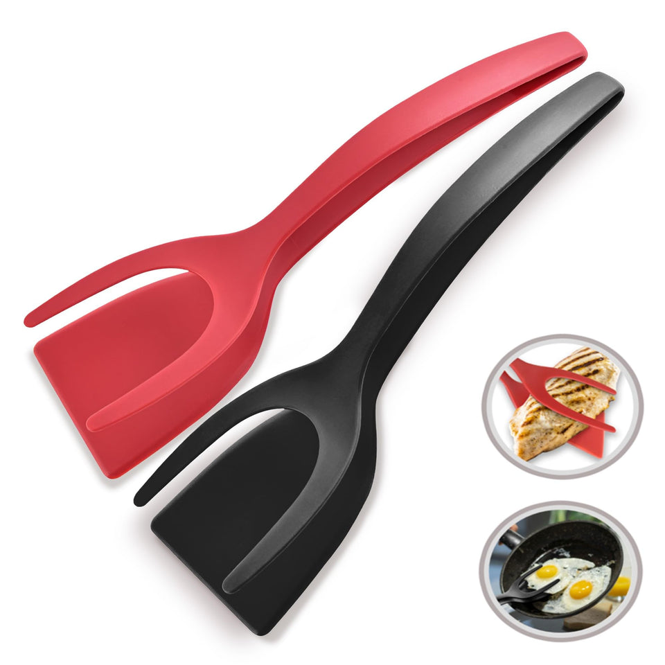 Generic 2-in-1 flipper spatula with tongs for versatile flipping and gripping in one tool.