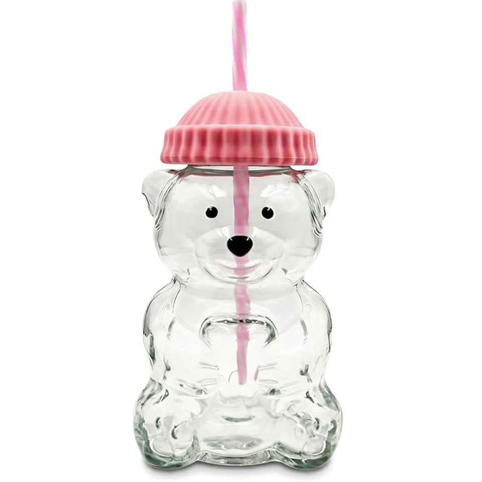 Generic 2025 bear cup in pink glass ideal for smoothies and iced drinks on the go