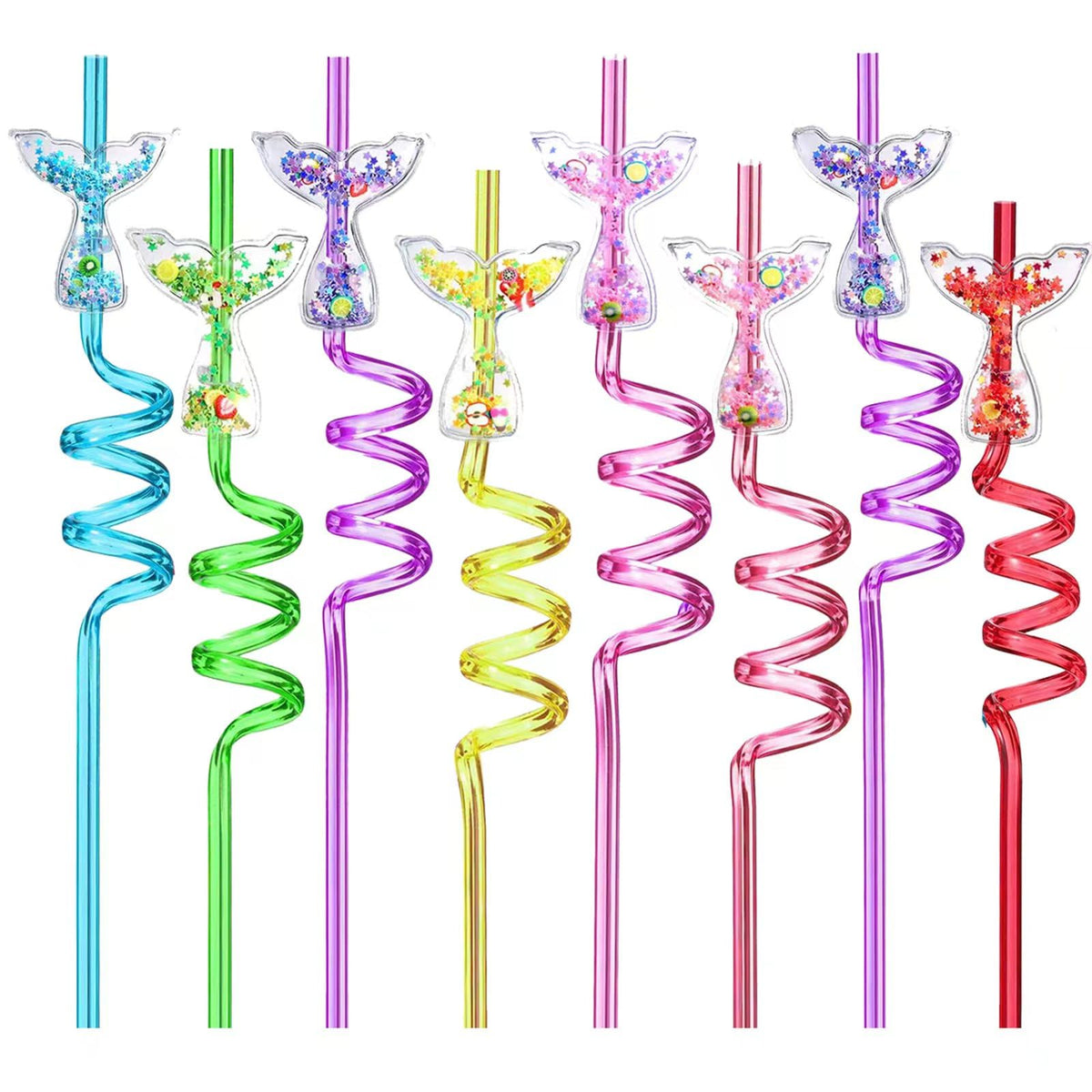 Generic 24 glitter mermaid-tail straws show shiny patterns for festive drinks.
