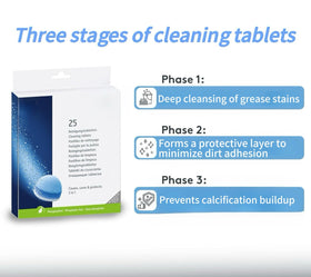 Generic 3-Phase Cleaning Tablets inside a coffee machine for limescale prevention.