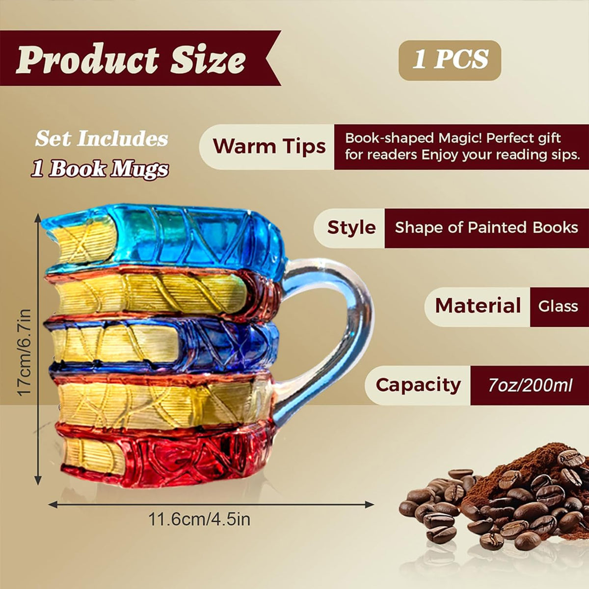 Vibrant blue, red, and amber hues on a sculpted book mug.