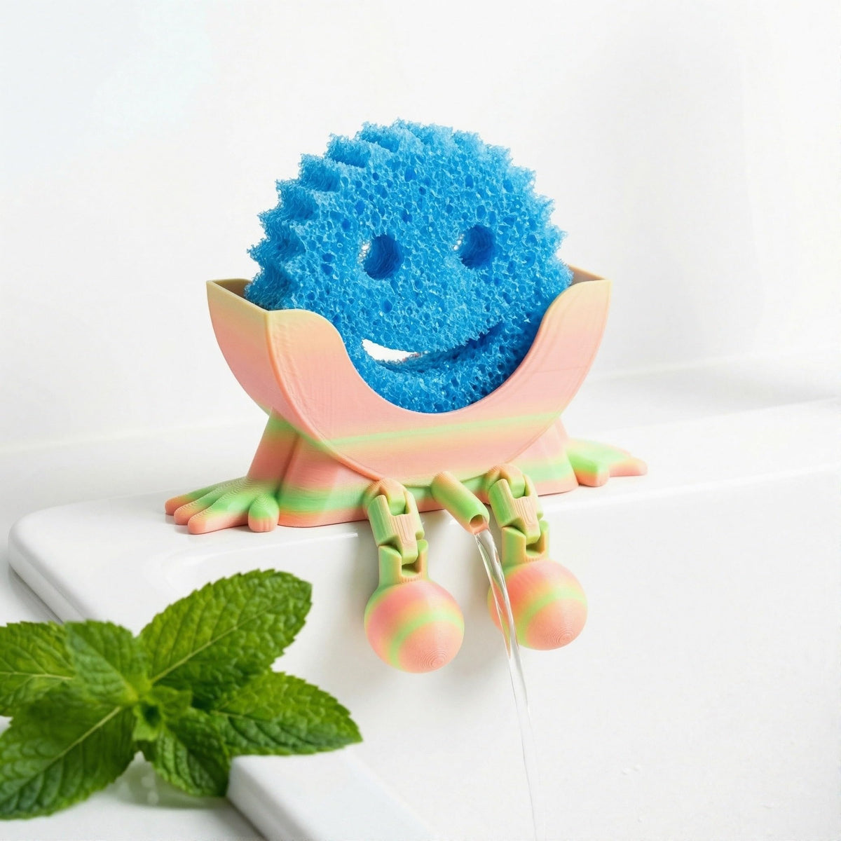 Generic 3D-printed sink organizer with adorable character design brightens kitchens.