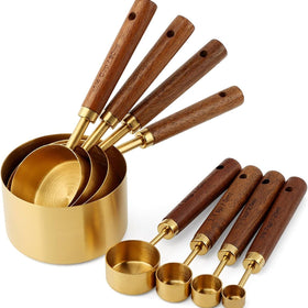 Generic 8-piece measuring cups and spoons with golden nonstick for easy portioning.