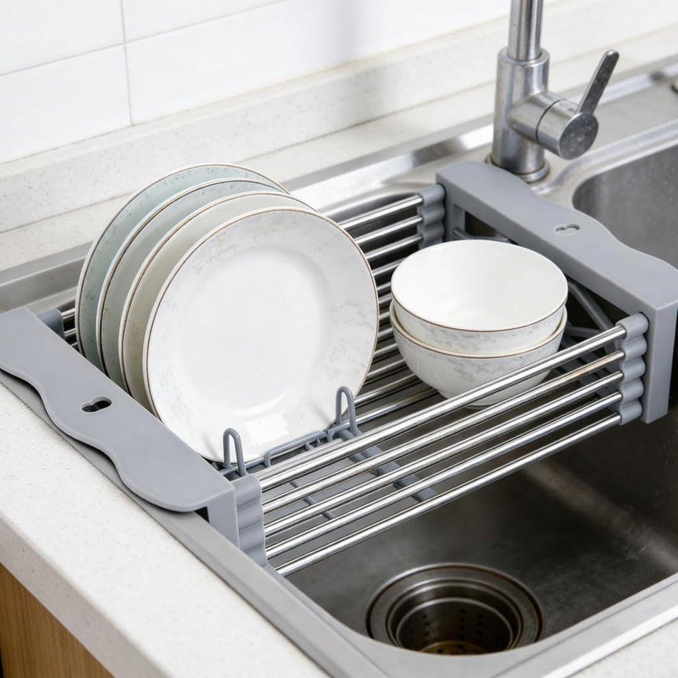 Generic adjustable over-the-sink dish drying rack extended to fit large sinks for efficient drying.