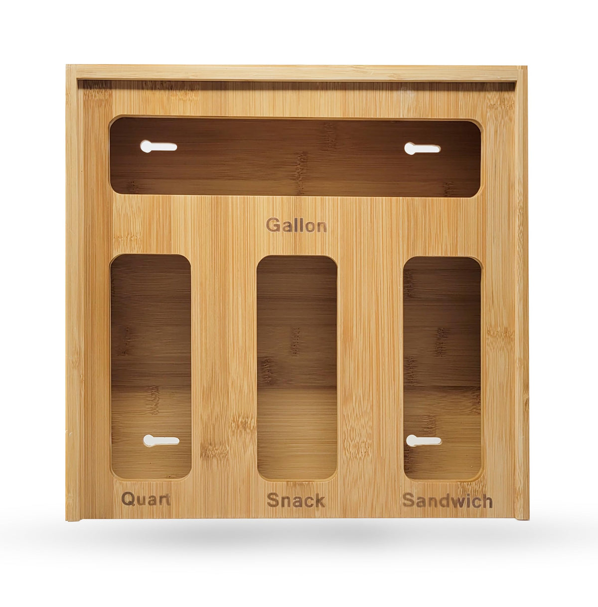 Generic Bamboo Ziplock Drawer Organizer front view shows four bag slots for easy access.