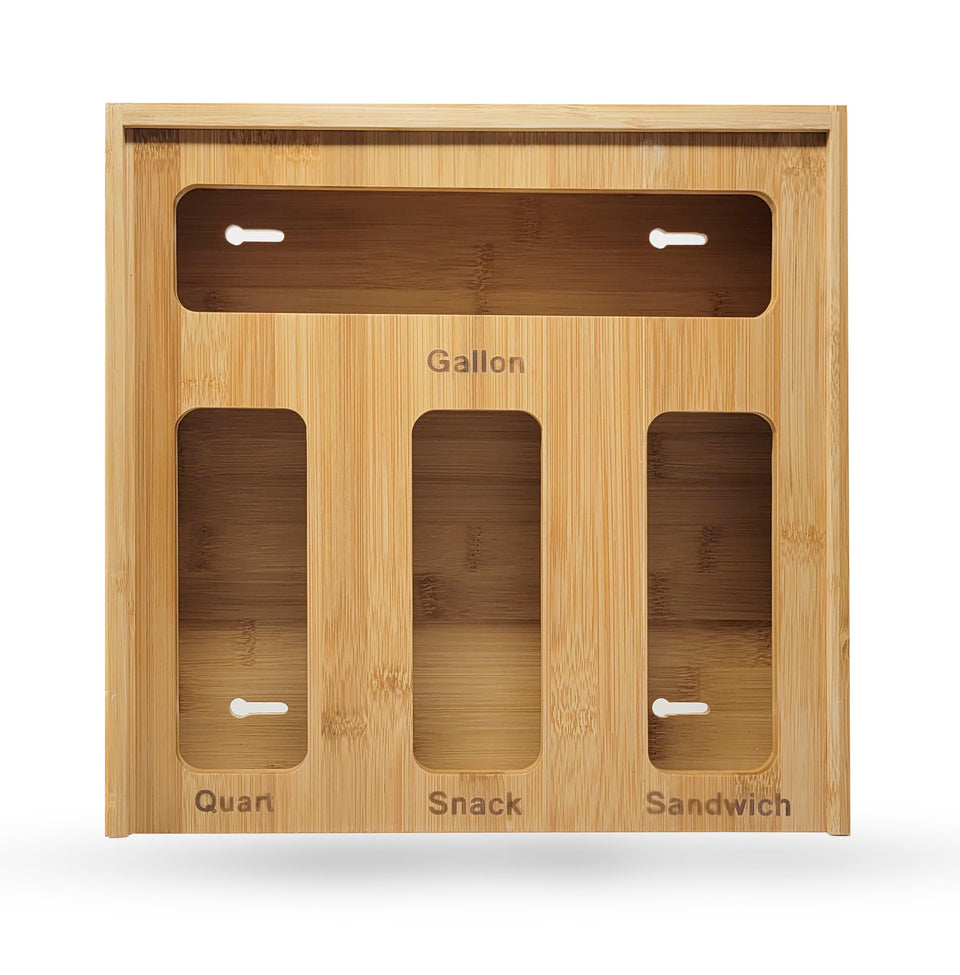 Generic Bamboo Ziplock Drawer Organizer front view shows four bag slots for easy access.