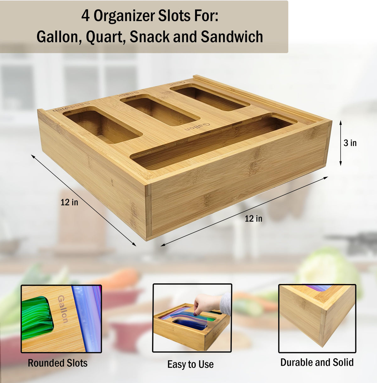Generic Bamboo Ziplock Drawer Organizer gallon slot keeps large bags upright.