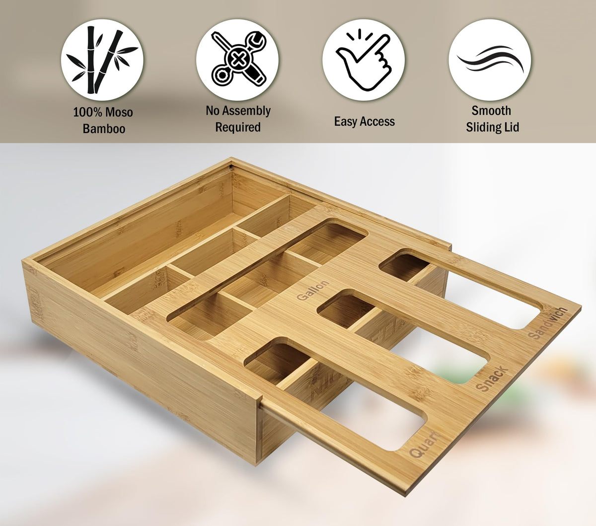 Generic Bamboo Ziplock Drawer Organizer quart slot fits mid-size bags neatly.