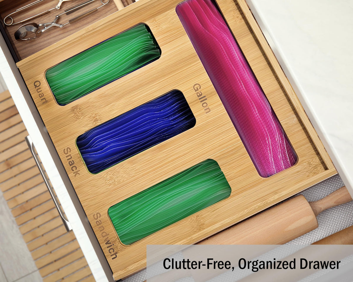 Generic Bamboo Ziplock Drawer Organizer sandwich slot ideal for lunch bags.