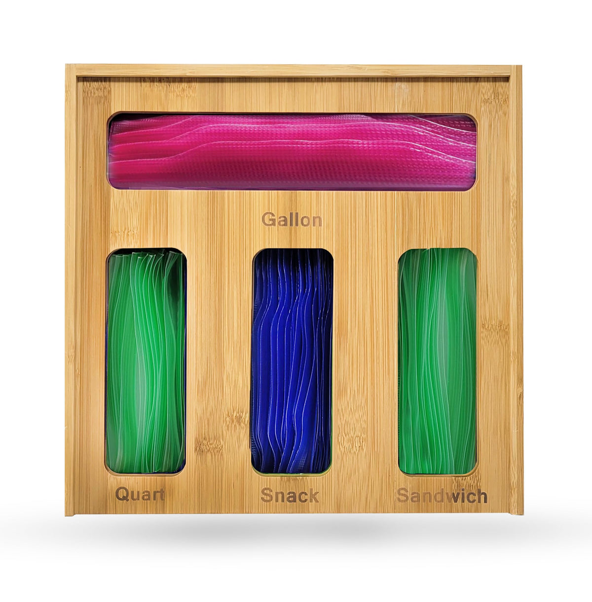 Generic Bamboo Ziplock Drawer Organizer with sliding lid enables quick grab of bags.