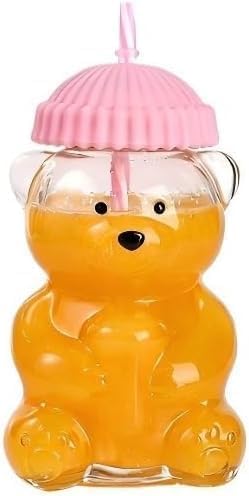 Bear cup with pink lid and straw, splash-proof for travel and daily use