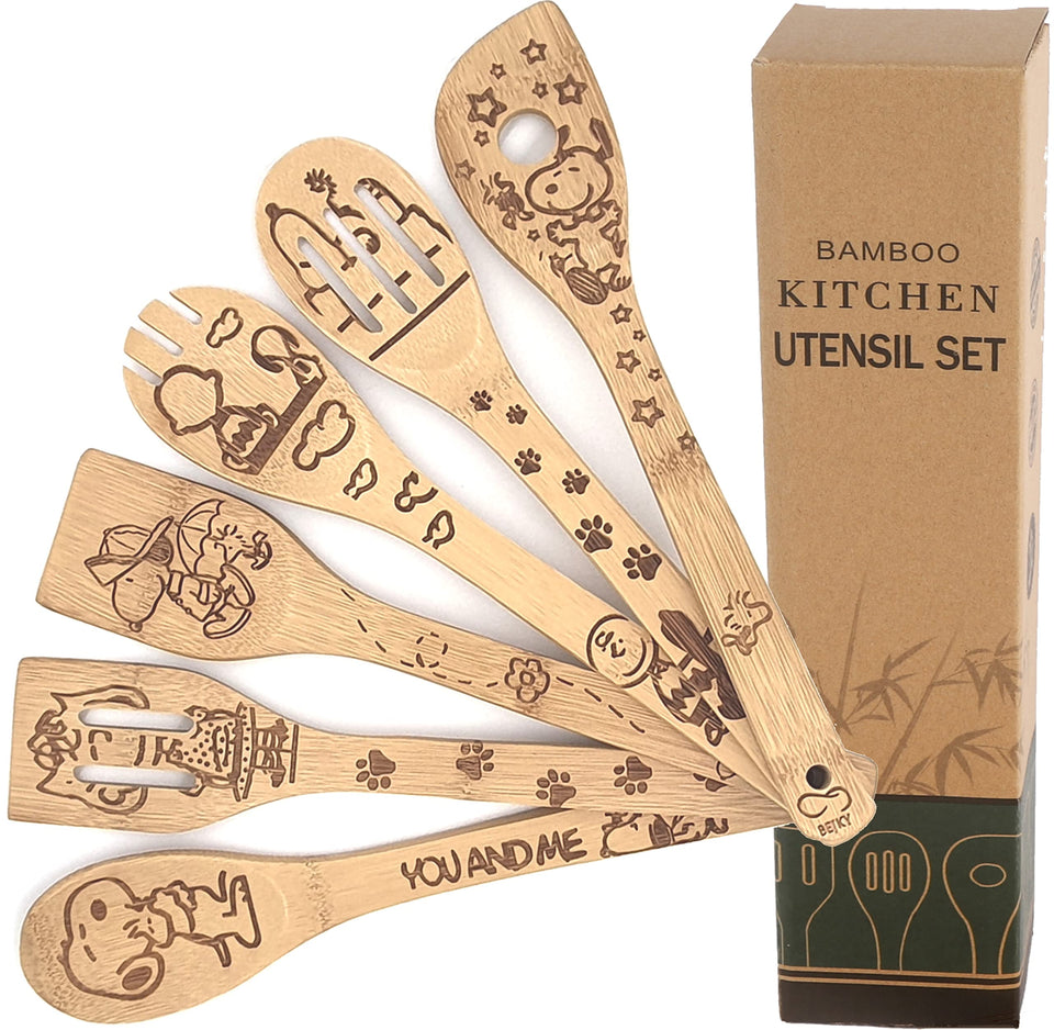 Generic Bejky six-piece cartoon dog wooden bamboo utensils set for cooking.