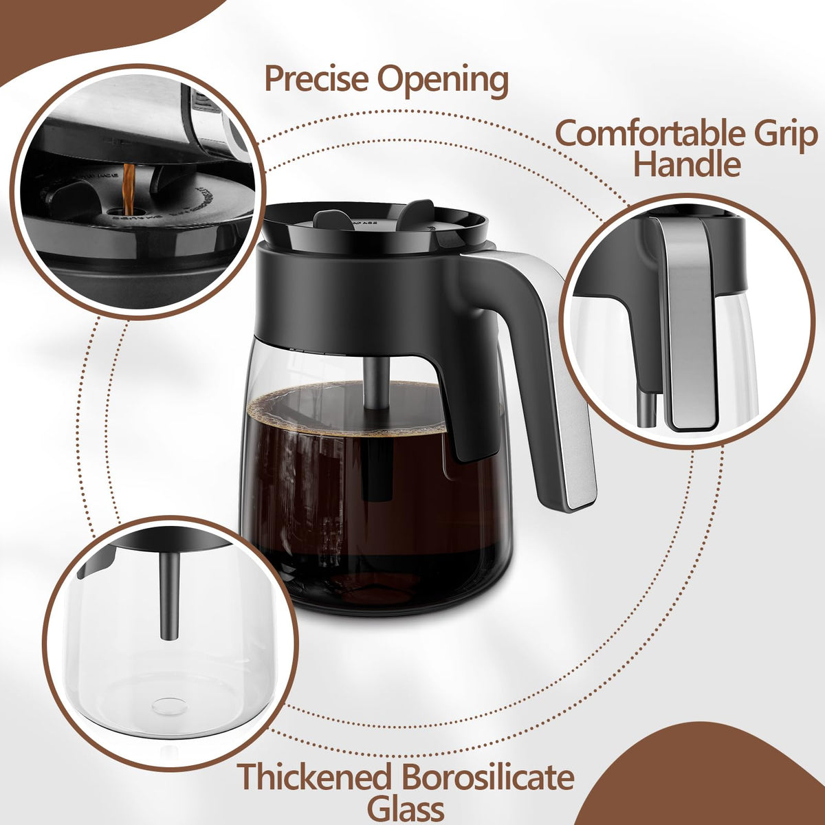 Borosilicate glass construction resists heat and cracking in the carafe.
