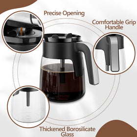 Borosilicate glass construction resists heat and cracking in the carafe.