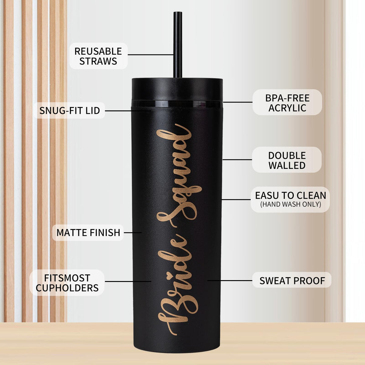 Generic Bride Squad Black Tumbler 16oz with lid great for photo ops