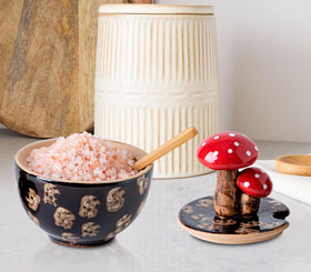 Bamboo spoon resting in the Generic salt cellar for quick scooping