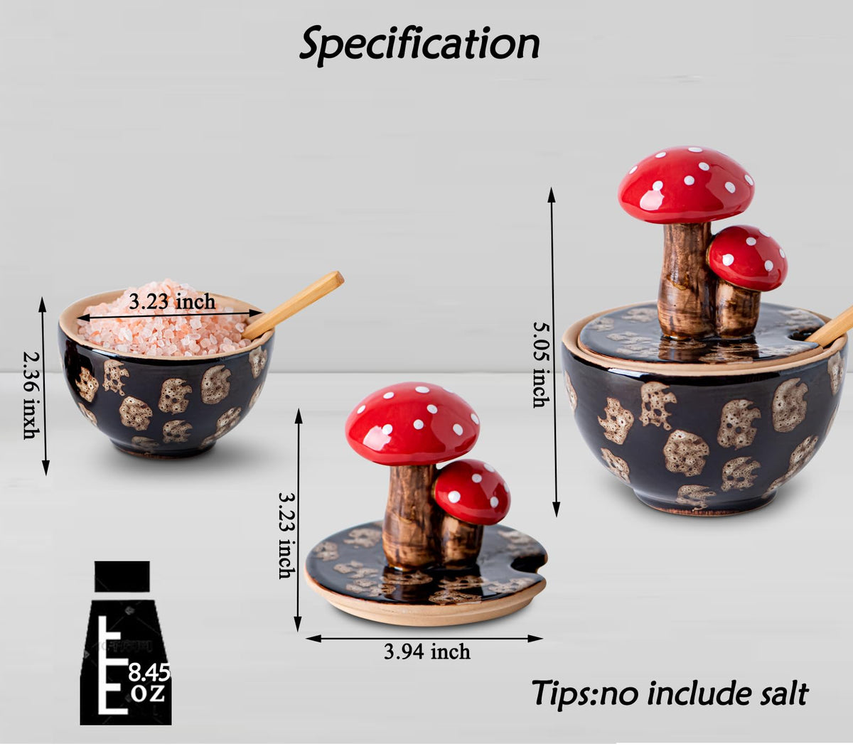 Generic mushroom salt cellar displayed on counter with practical, decorative touch