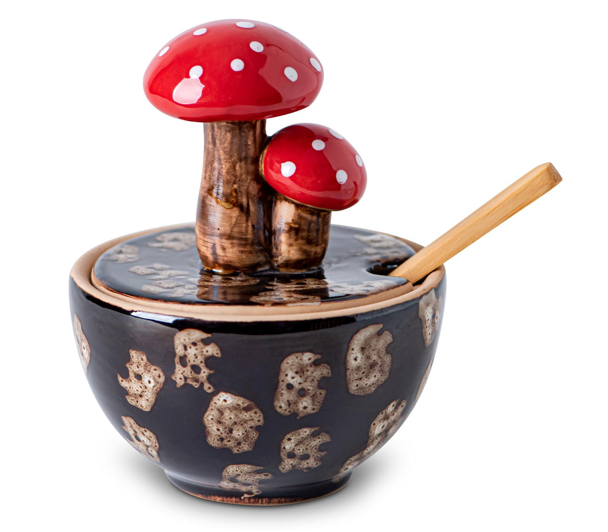 Generic brown ceramic mushroom salt cellar with lid for easy seasoning on the counter