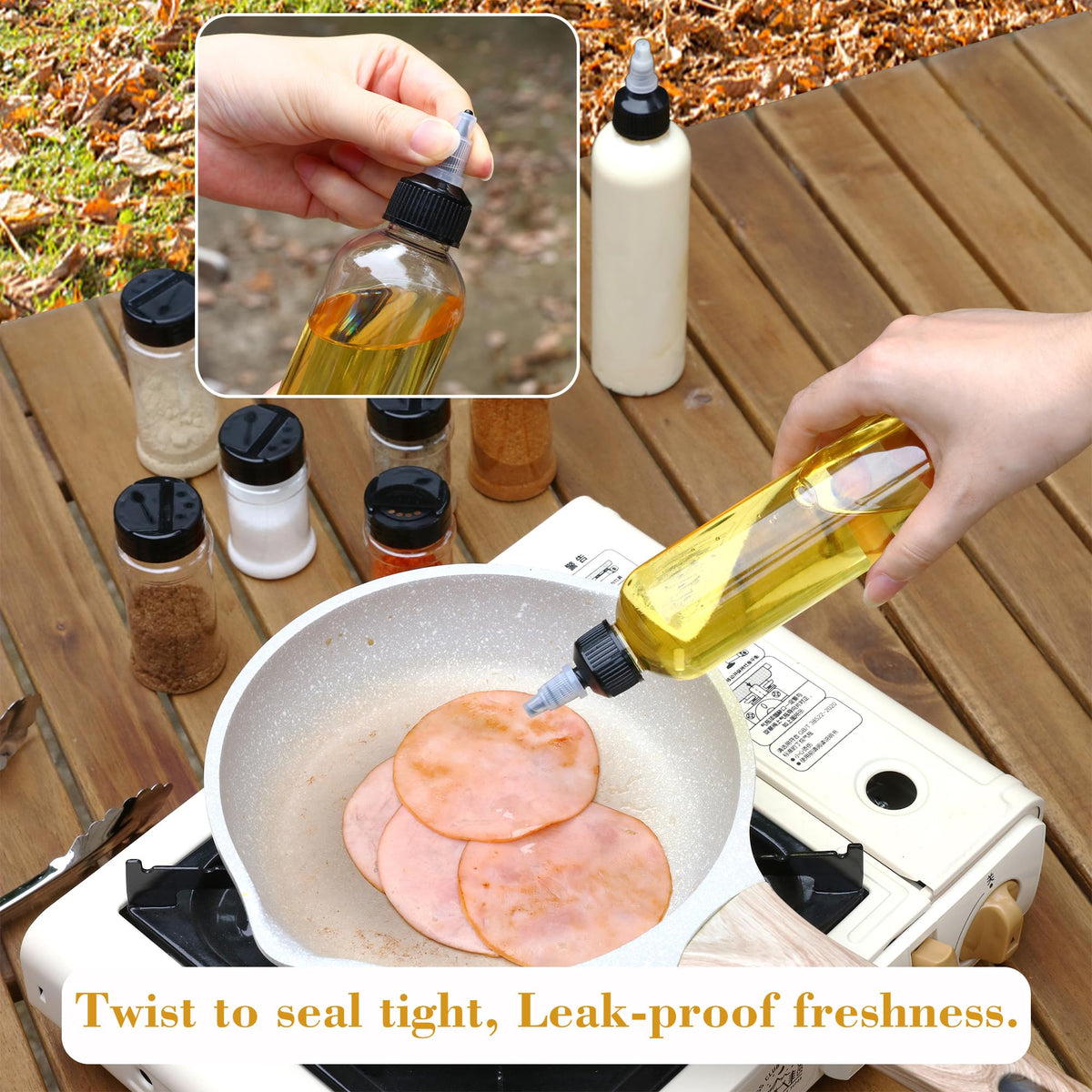 Generic Camping Spice Kit liquid bottles with twist spouts stay sealed while you move.