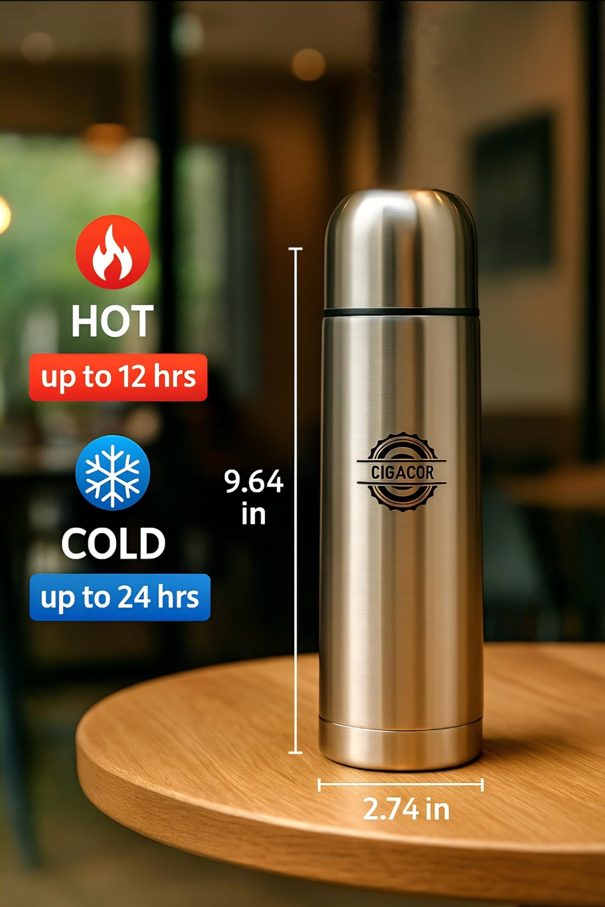 Generic CIGACOR 17oz insulated bottle side profile shows durable steel and leakproof lid