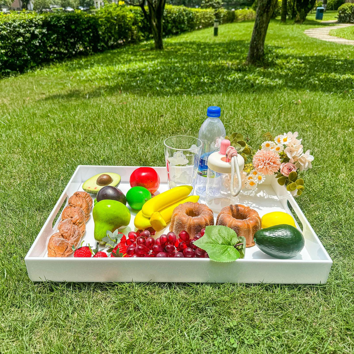 Generic clear acrylic tray offers spill-resistant, easy-clean practicality.