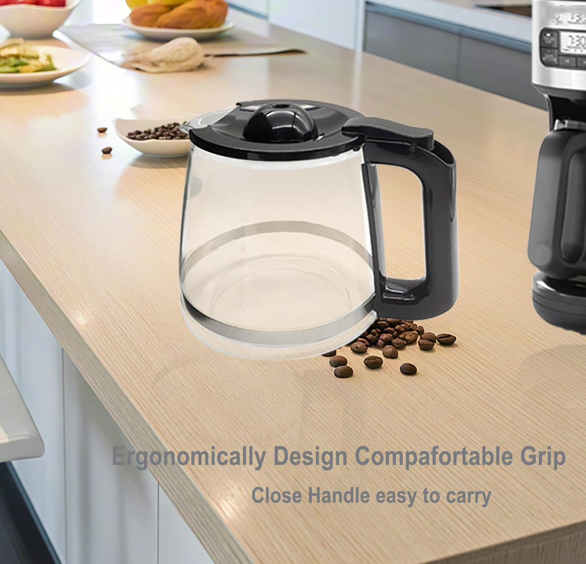 Generic carafe has clear cup measurements for precise brewing.