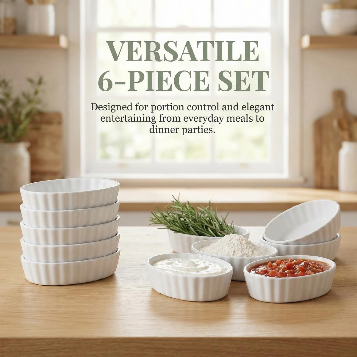 Generic Creme Brulee ramekins shown as oven-safe, promoting reliable heat distribution.