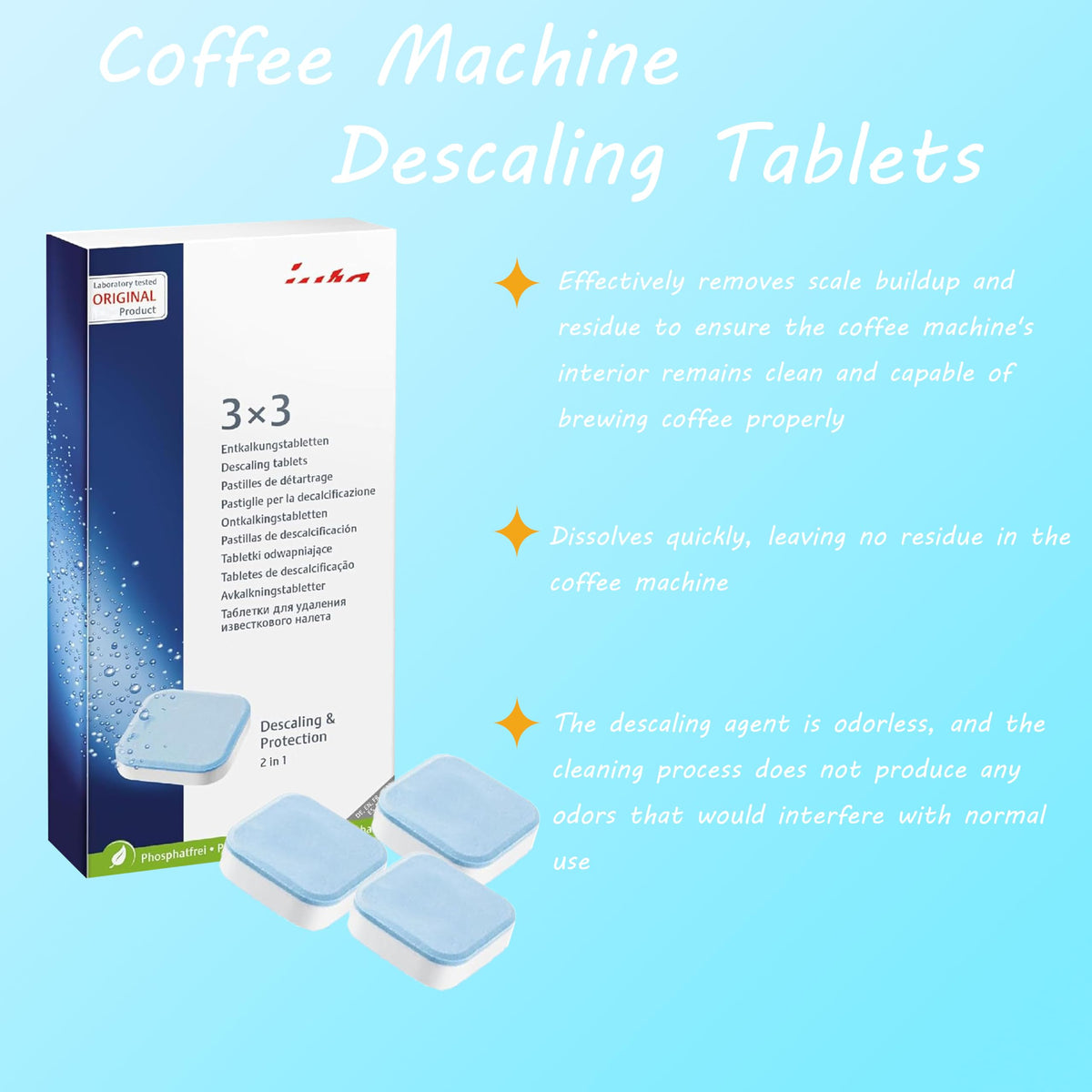 Generic decalcifying tablets dissolving quickly during a descaling process