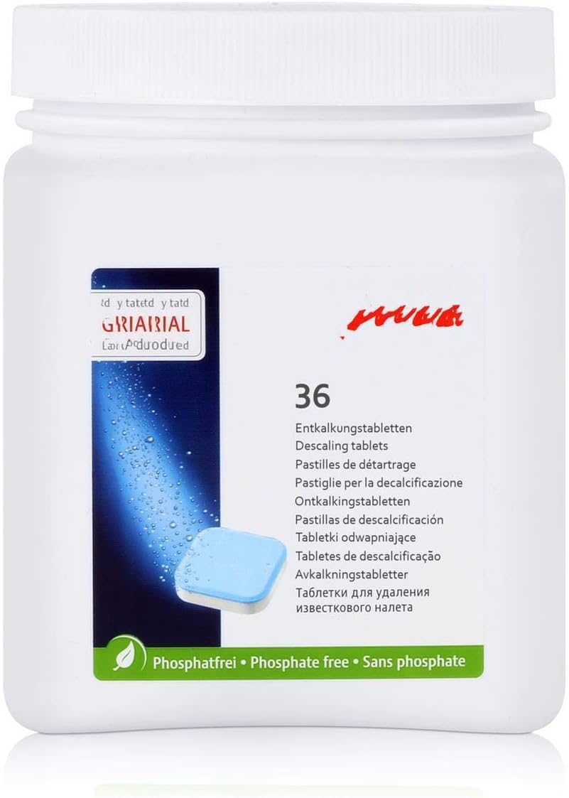 Generic descaling tablets in packaging for coffee machines.