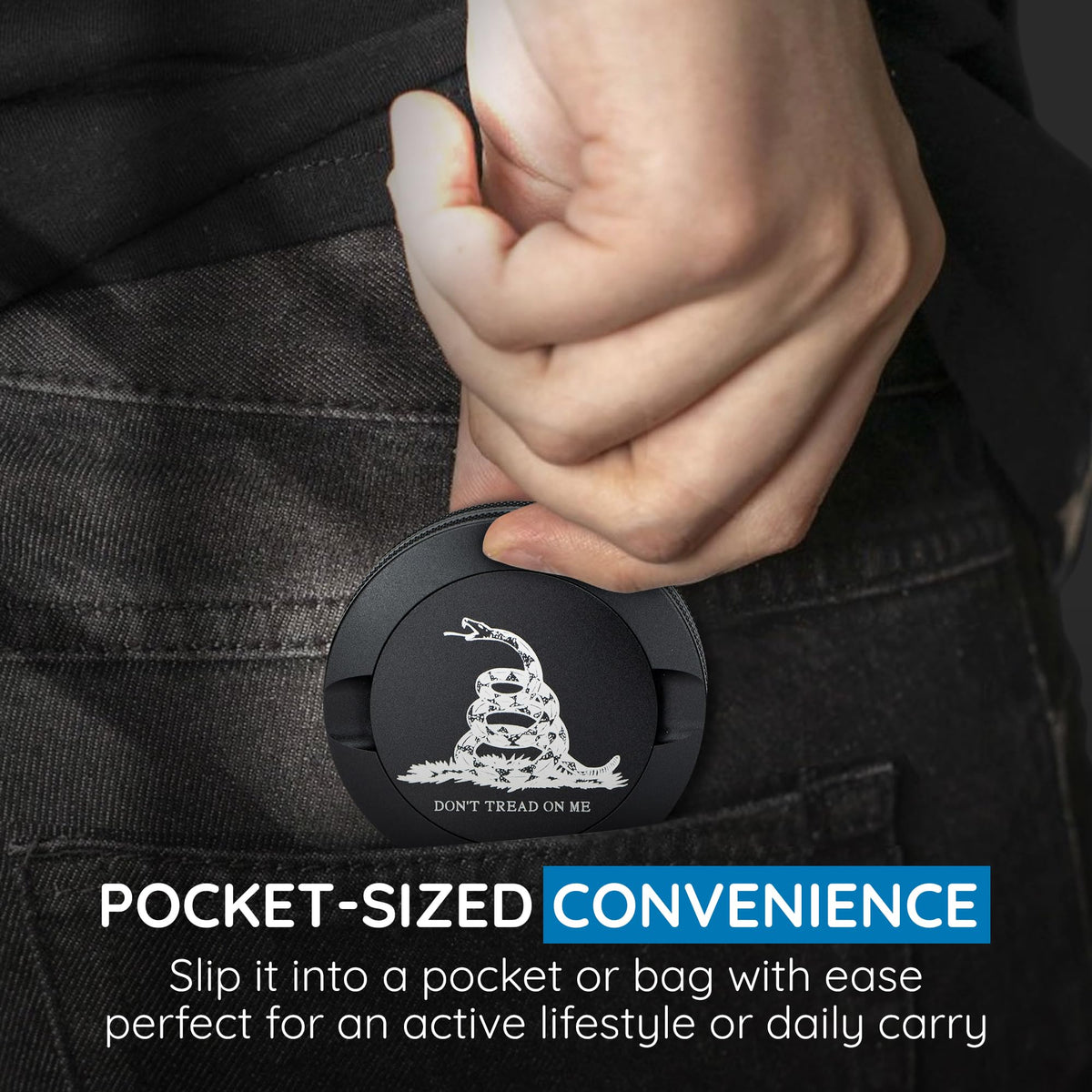 Generic Don't Tread on Me Zyn Metal Can dual-compartment design keeps unused and used pouches neatly separated.