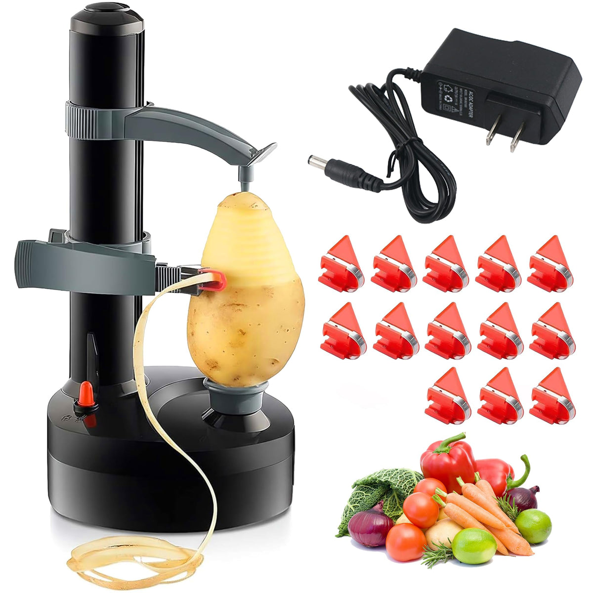 Generic Electric Peeler in action with rotating arm for quick, even peels.