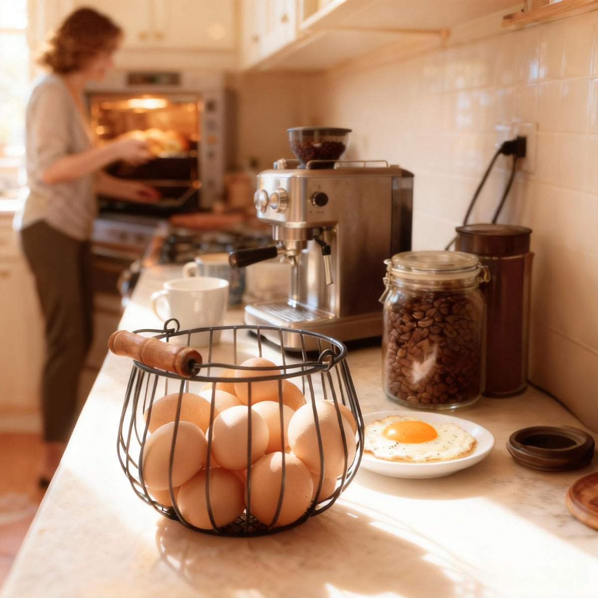 Generic Farmhouse Egg Basket on kitchen counter doubles as decor