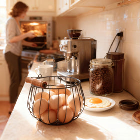 Generic Farmhouse Egg Basket on kitchen counter doubles as decor