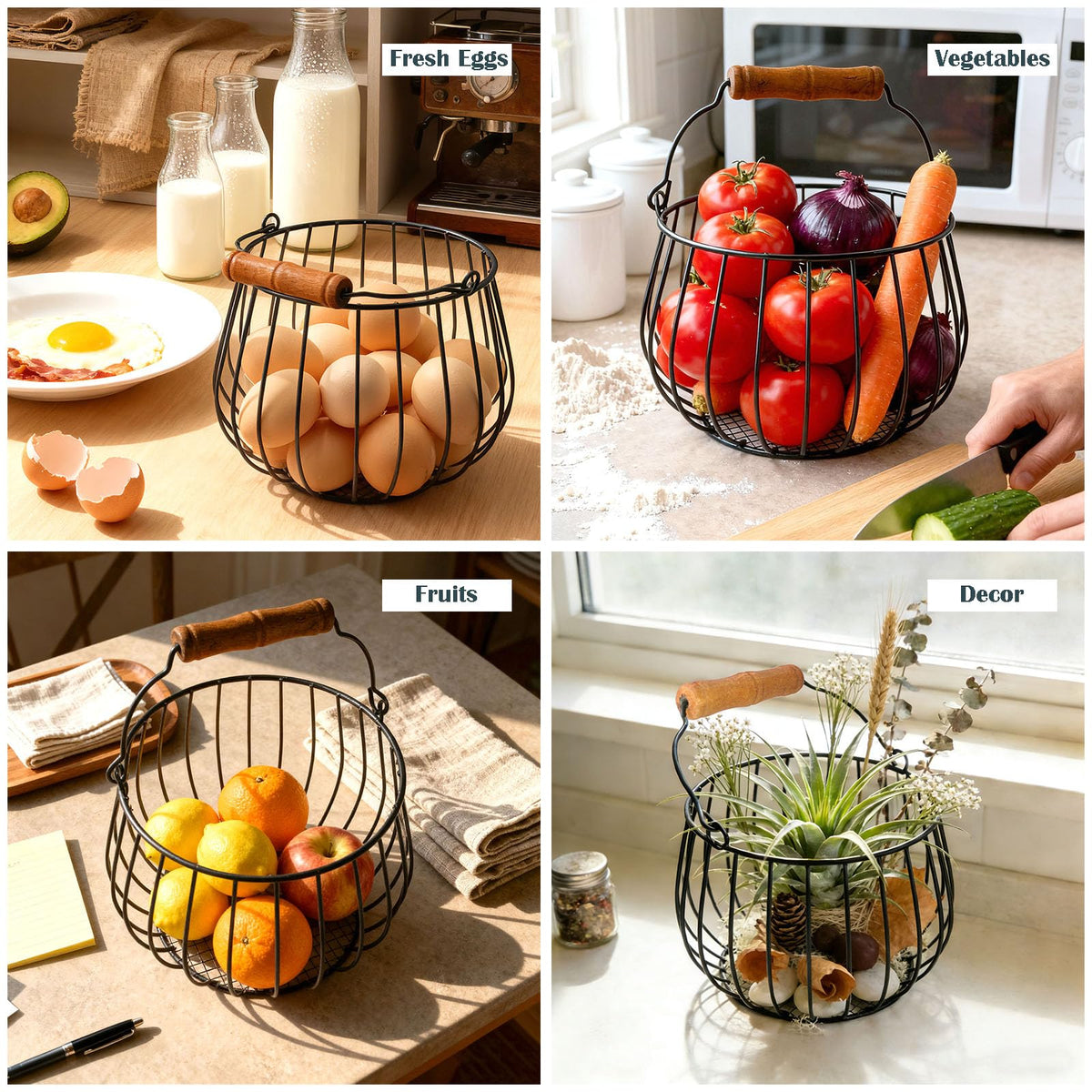 Generic Farmhouse Egg Basket with sturdy wood handle for easy transport