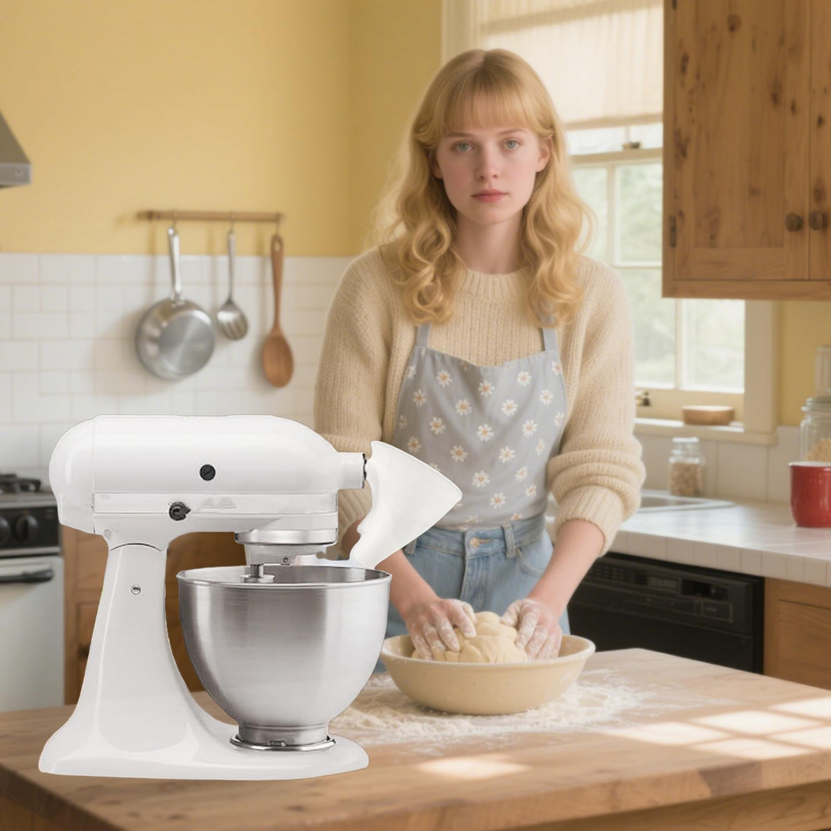 Generic flour funnel for KitchenAid helps reduce mess when cracking eggs directly into the bowl.