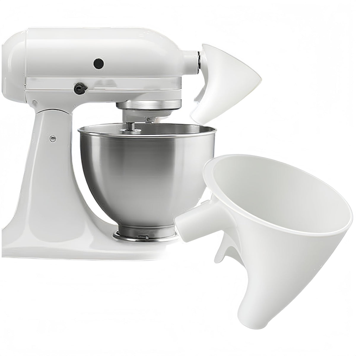 Generic flour funnel for KitchenAid attachment enables clean hands-free pouring into the bowl.