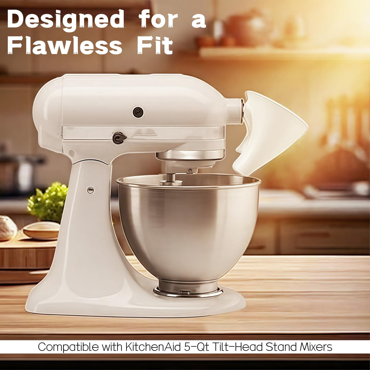 Generic flour funnel KitchenAid attachment demonstrates no-mess design reducing flour dust while adding ingredients.